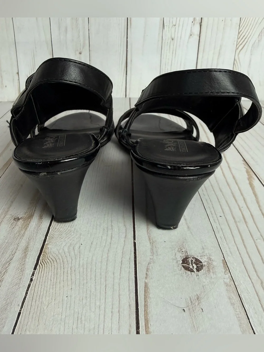 Coach and Four Black Patent Leather Wedge Sandals Open Toe Slingback Buckle